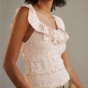 $98 ANTHROPOLOGIE Ruffle Smocked Cut Out Tie Back Tank